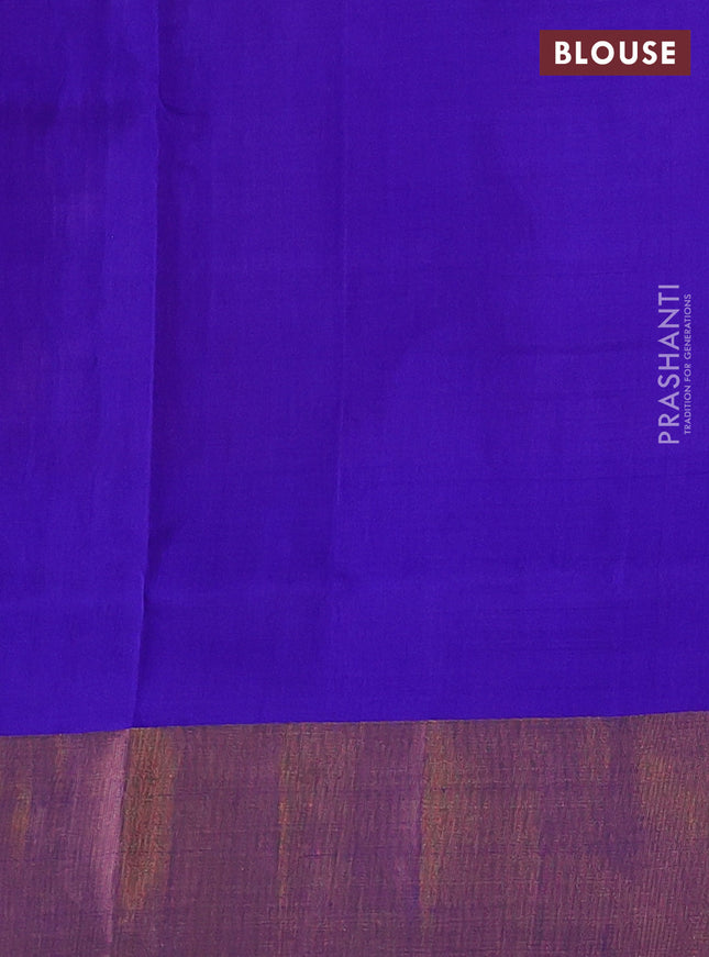 Pure uppada silk saree dual shade of peach pink and blue with allover silver & gold zari weaves and zari woven border