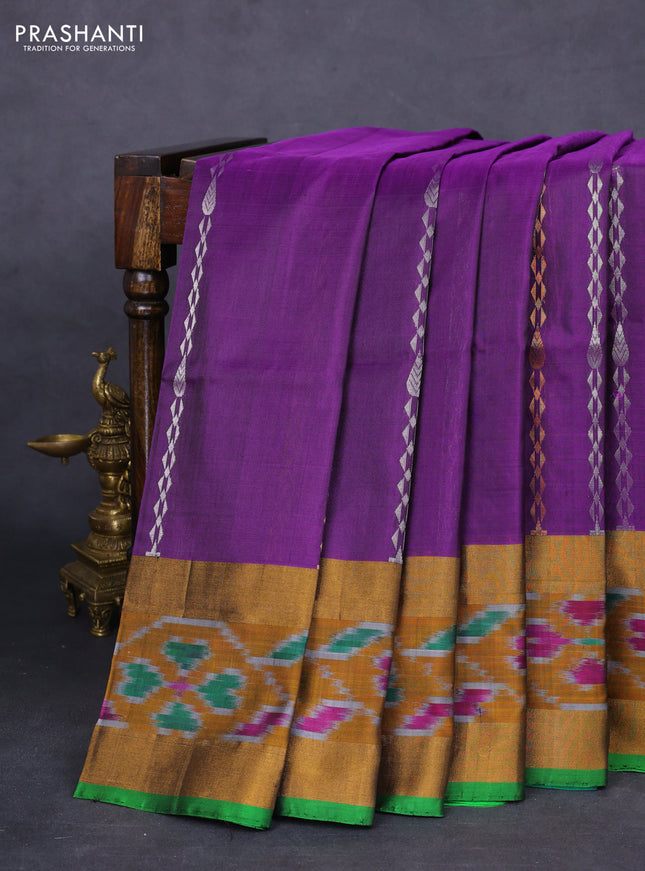 Pure uppada silk saree purple and green with allover silver & gold zari weaves and zari woven ikat style border