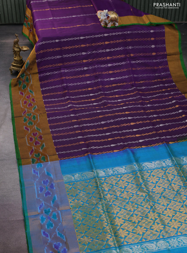 Pure uppada silk saree purple and green with allover silver & gold zari weaves and zari woven ikat style border