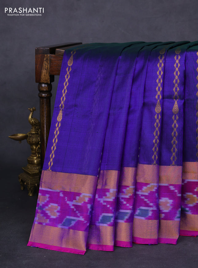 Pure uppada silk saree blue and pink with allover silver & gold zari weaves and zari woven ikat style border