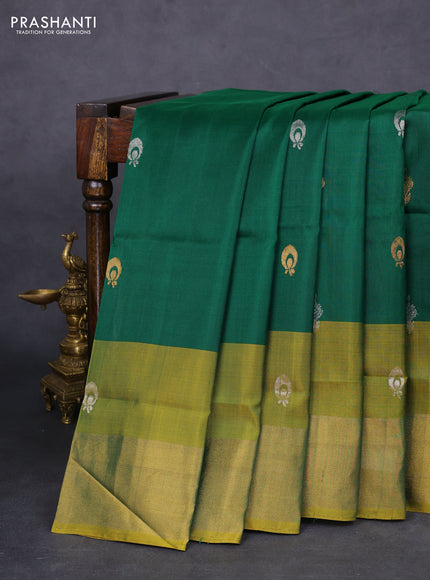 Pure uppada silk saree dark green and mustard yellow with silver & gold zari woven buttas and zari woven border