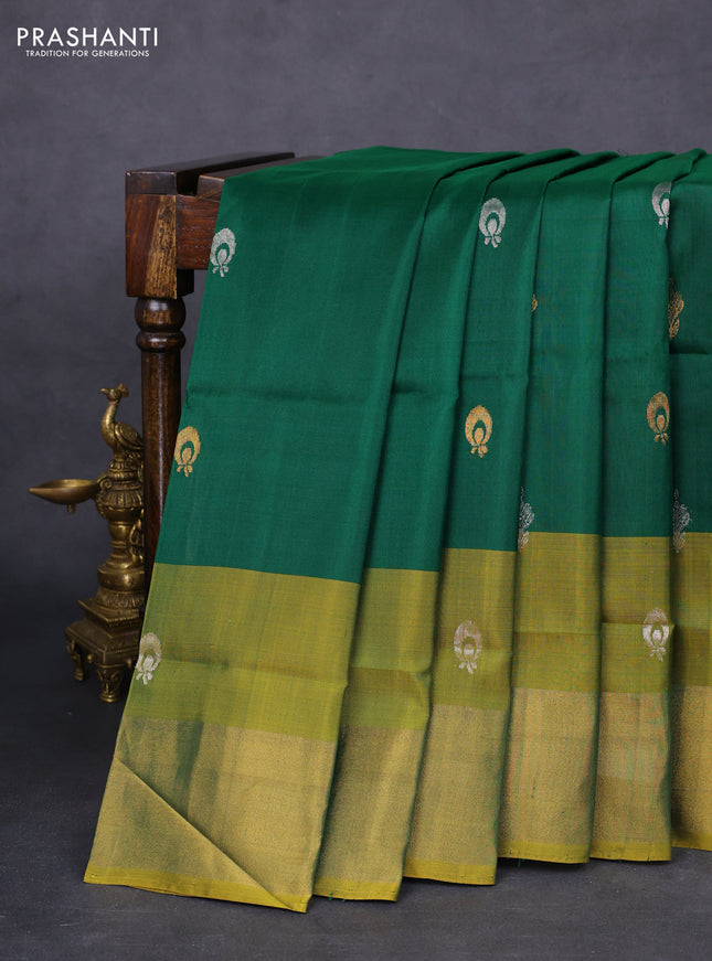 Pure uppada silk saree dark green and mustard yellow with silver & gold zari woven buttas and zari woven border