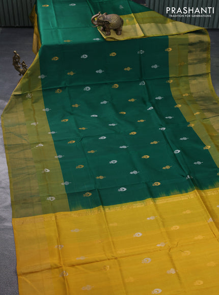 Pure uppada silk saree dark green and mustard yellow with silver & gold zari woven buttas and zari woven border