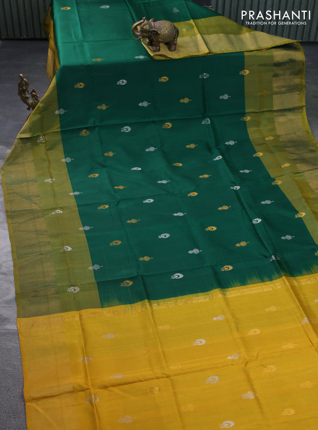 Pure uppada silk saree dark green and mustard yellow with silver & gold zari woven buttas and zari woven border