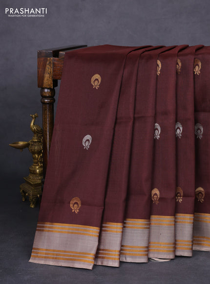 Pure uppada silk saree deep maroon and dual shade of grey with silver & gold zari woven buttas and zari woven border