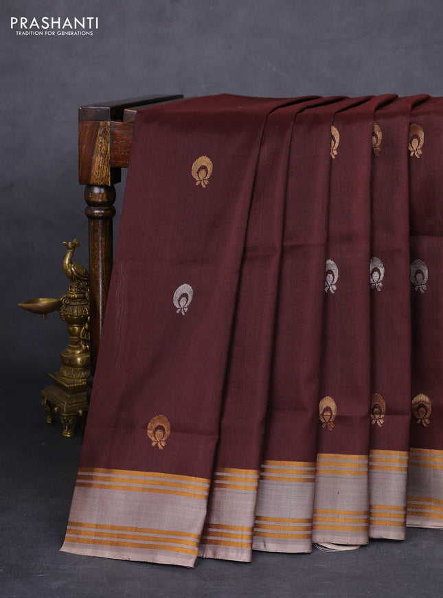 Pure uppada silk saree deep maroon and dual shade of grey with silver & gold zari woven buttas and zari woven border