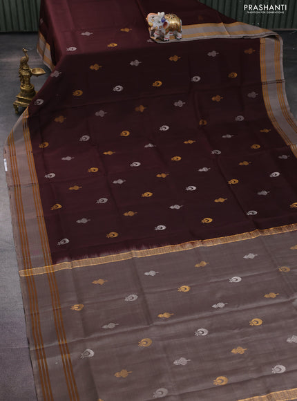 Pure uppada silk saree deep maroon and dual shade of grey with silver & gold zari woven buttas and zari woven border