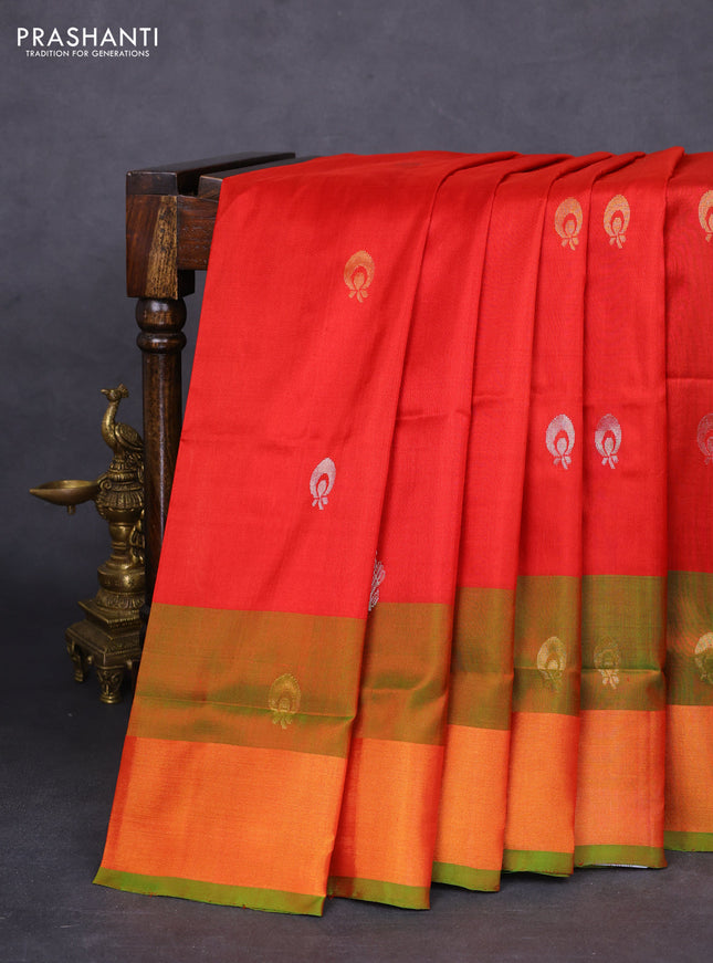 Pure uppada silk saree red and dual shade of green with silver & gold zari woven buttas and zari woven border