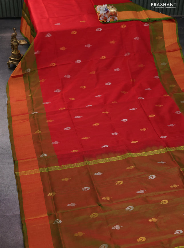 Pure uppada silk saree red and dual shade of green with silver & gold zari woven buttas and zari woven border