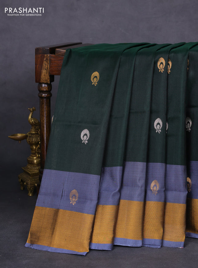 Pure uppada silk saree green and grey with silver & gold zari woven buttas and zari woven border