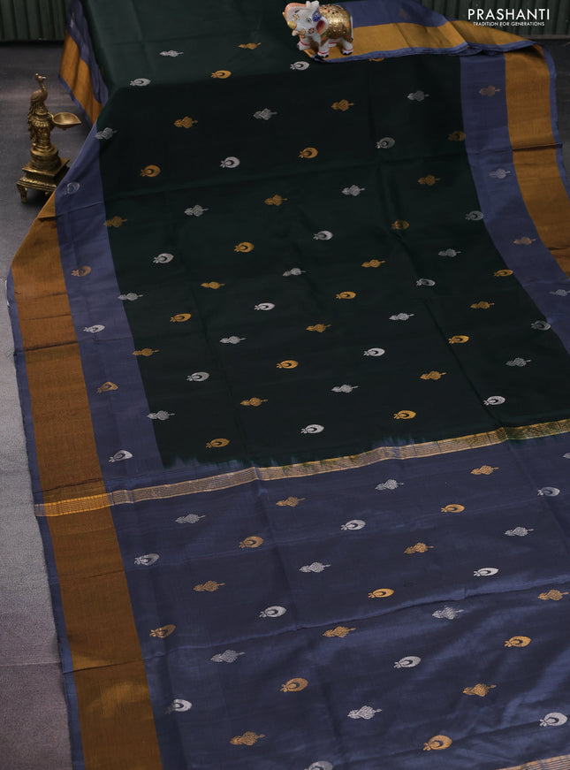 Pure uppada silk saree green and grey with silver & gold zari woven buttas and zari woven border