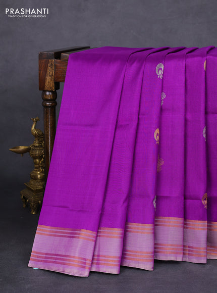 Pure uppada silk saree purple and dual shade of grey with silver & gold zari woven buttas and rettapet zari woven border
