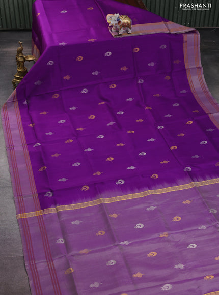 Pure uppada silk saree purple and dual shade of grey with silver & gold zari woven buttas and rettapet zari woven border