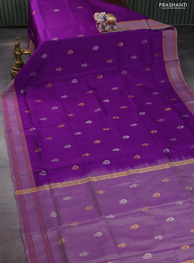 Pure uppada silk saree purple and dual shade of grey with silver & gold zari woven buttas and rettapet zari woven border