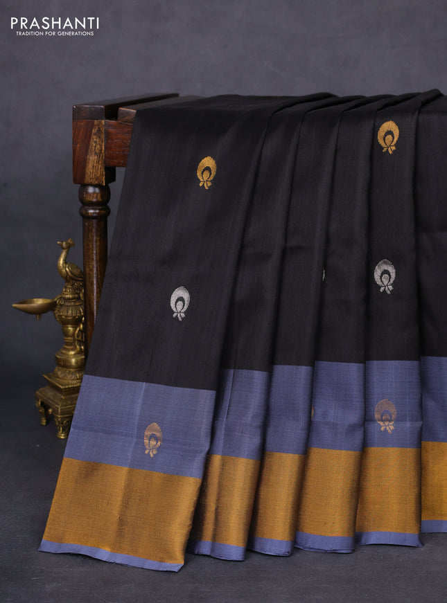 Pure uppada silk saree black and grey with silver & gold zari woven buttas and zari woven border