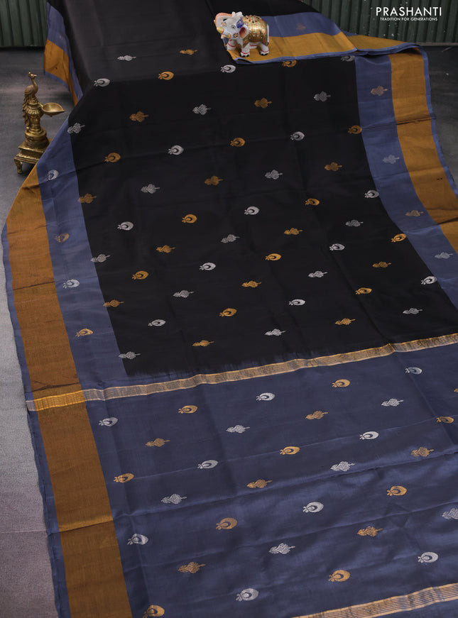 Pure uppada silk saree black and grey with silver & gold zari woven buttas and zari woven border
