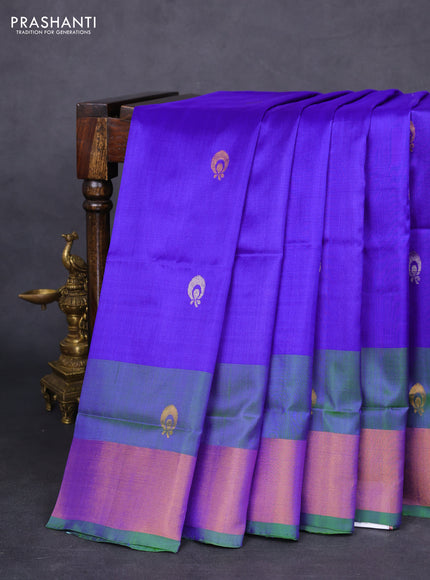 Pure uppada silk saree blue and dual shade of green with silver & gold zari woven buttas and zari woven border