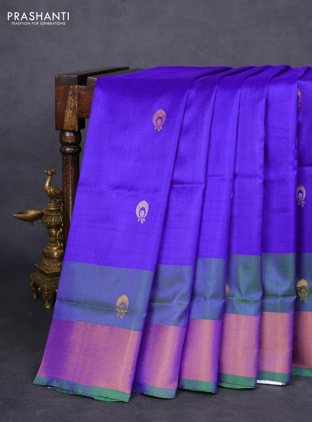 Pure uppada silk saree blue and dual shade of green with silver & gold zari woven buttas and zari woven border