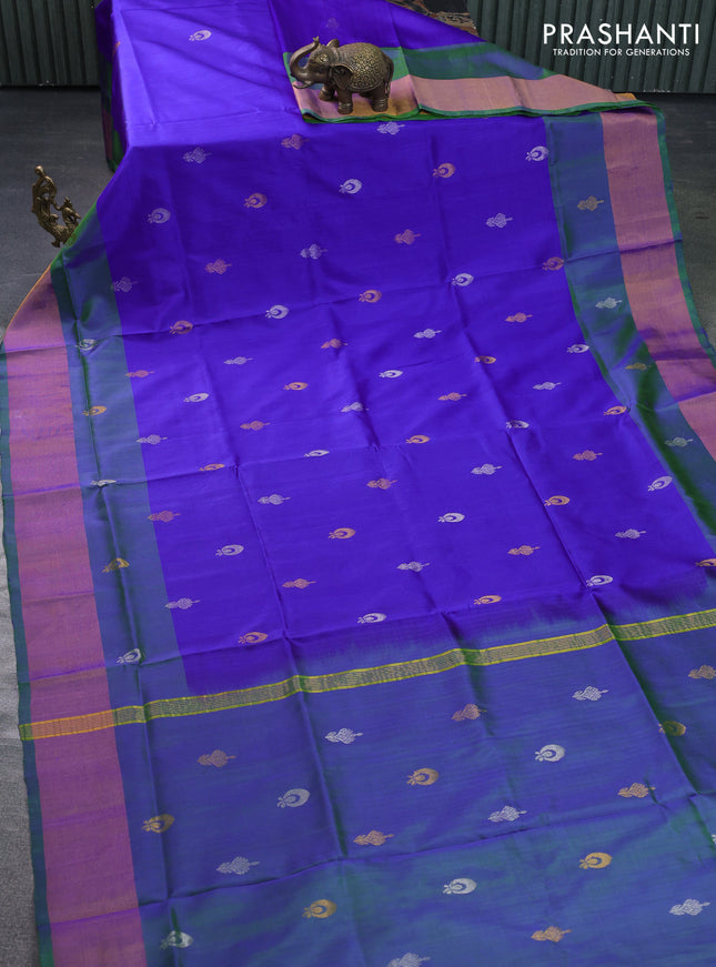Pure uppada silk saree blue and dual shade of green with silver & gold zari woven buttas and zari woven border