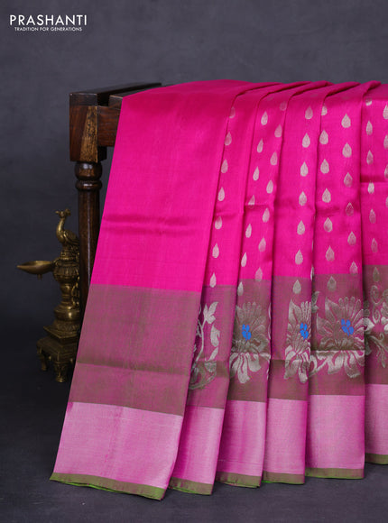 Pure uppada silk saree magenta pink and dual shade of green with allover silver zari woven thilak buttas and floral design silver zari woven border