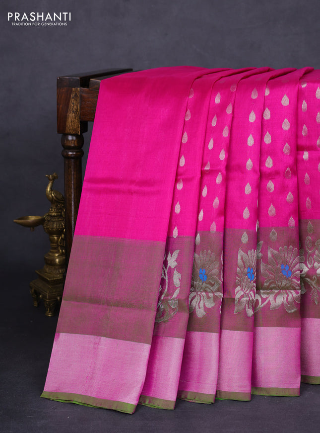 Pure uppada silk saree magenta pink and dual shade of green with allover silver zari woven thilak buttas and floral design silver zari woven border