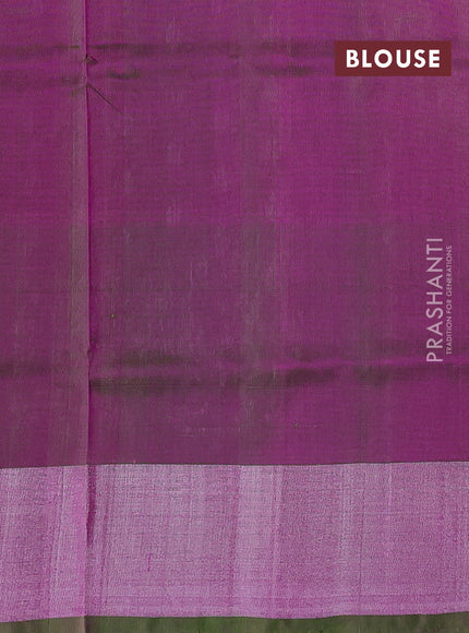 Pure uppada silk saree magenta pink and dual shade of green with allover silver zari woven thilak buttas and floral design silver zari woven border
