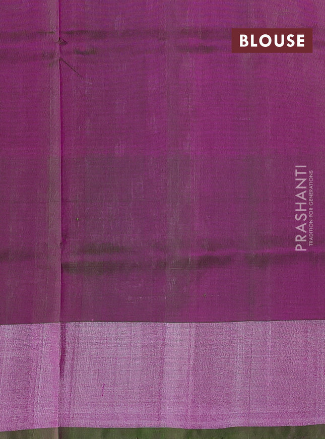 Pure uppada silk saree magenta pink and dual shade of green with allover silver zari woven thilak buttas and floral design silver zari woven border