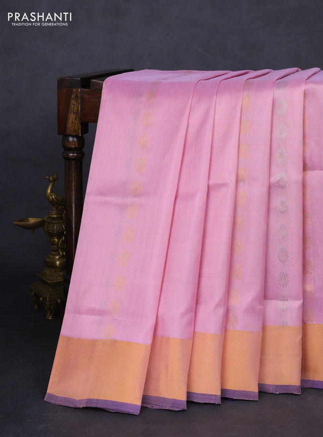 Pure uppada silk saree baby pink and navy blue with allover silver & gold zari woven butta weaves and zari woven border