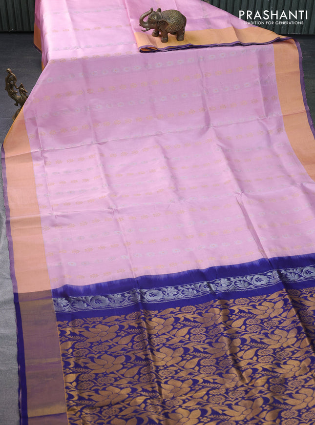 Pure uppada silk saree baby pink and navy blue with allover silver & gold zari woven butta weaves and zari woven border