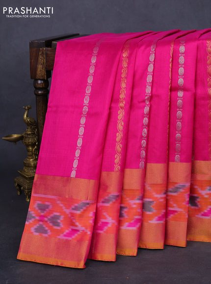 Pure uppada silk saree pink and mustard yellow with allover silver & gold zari weaves and zari woven ikat style border