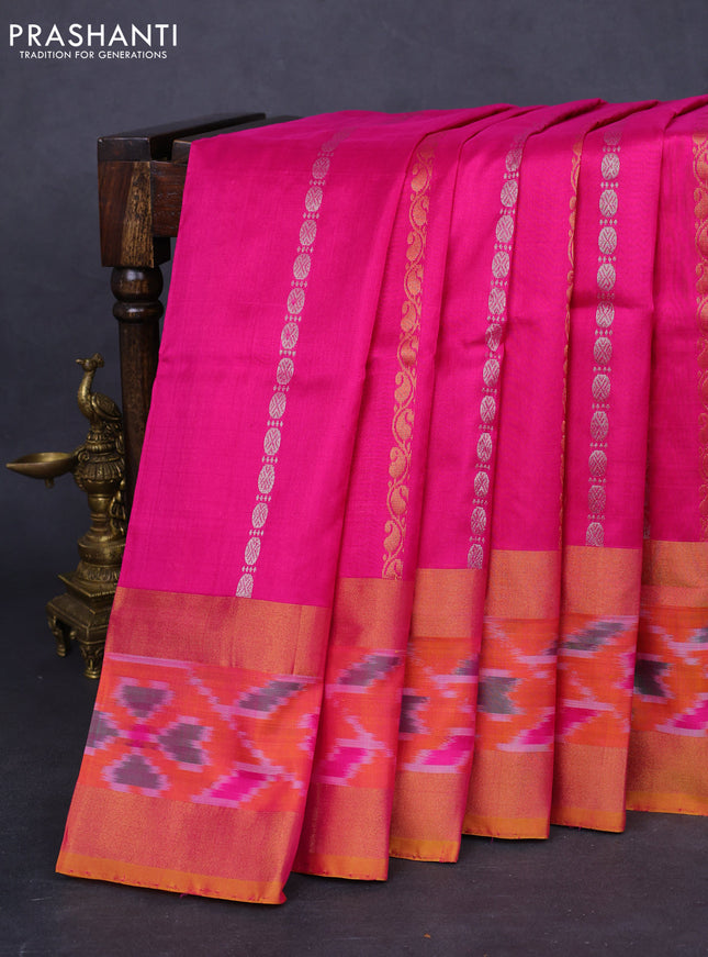 Pure uppada silk saree pink and mustard yellow with allover silver & gold zari weaves and zari woven ikat style border