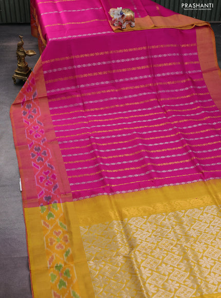 Pure uppada silk saree pink and mustard yellow with allover silver & gold zari weaves and zari woven ikat style border