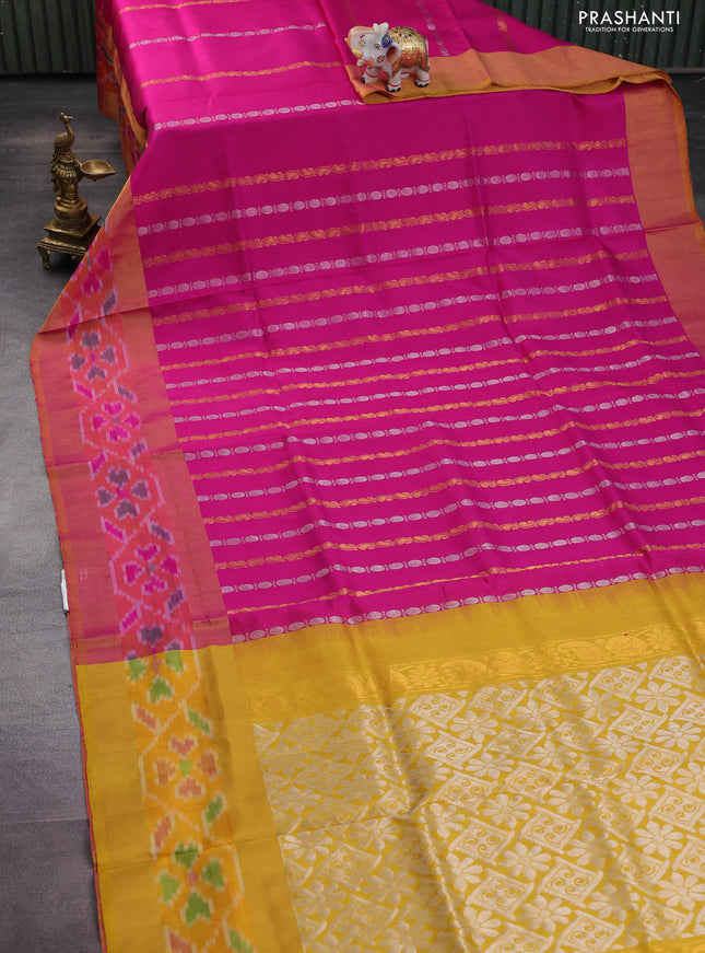 Pure uppada silk saree pink and mustard yellow with allover silver & gold zari weaves and zari woven ikat style border