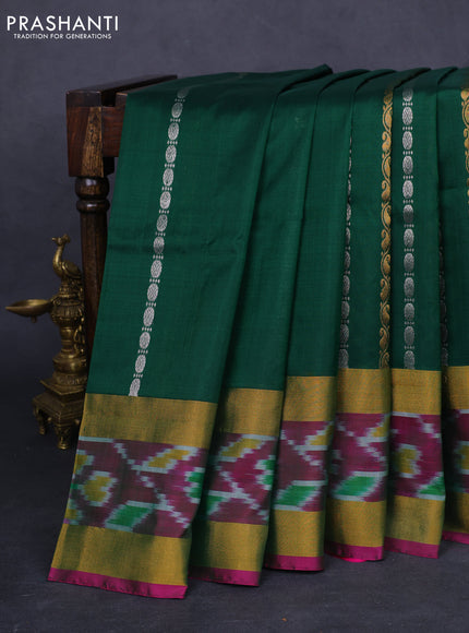 Pure uppada silk saree green and magenta pink with allover silver & gold zari weaves and zari woven ikat style border
