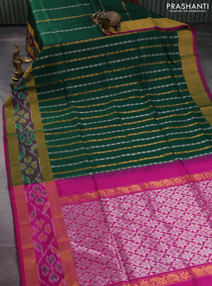 Pure uppada silk saree green and magenta pink with allover silver & gold zari weaves and zari woven ikat style border