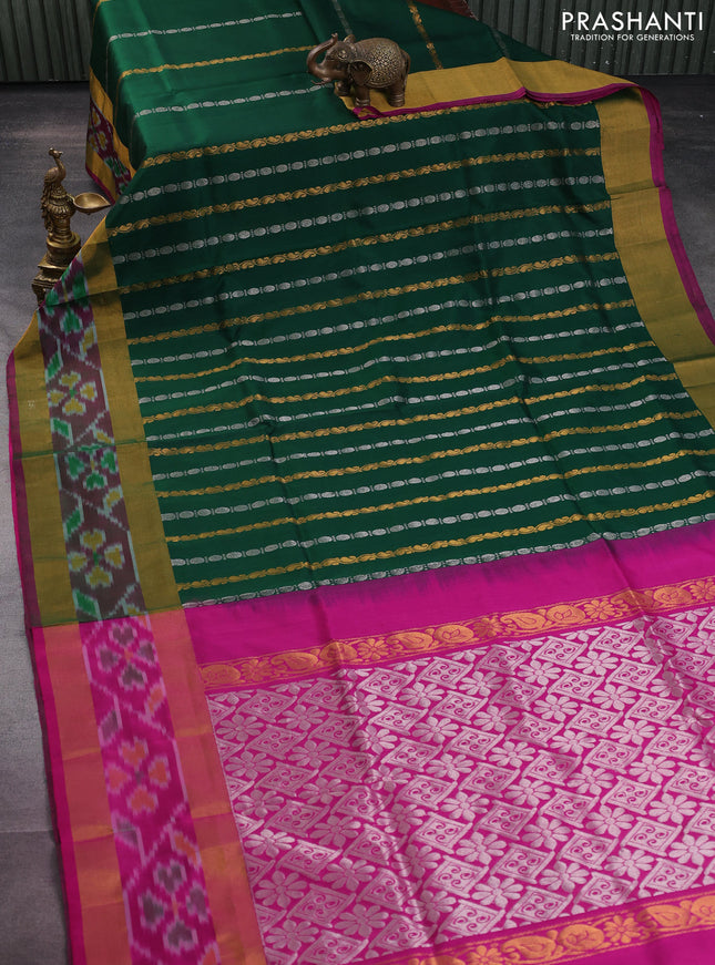 Pure uppada silk saree green and magenta pink with allover silver & gold zari weaves and zari woven ikat style border