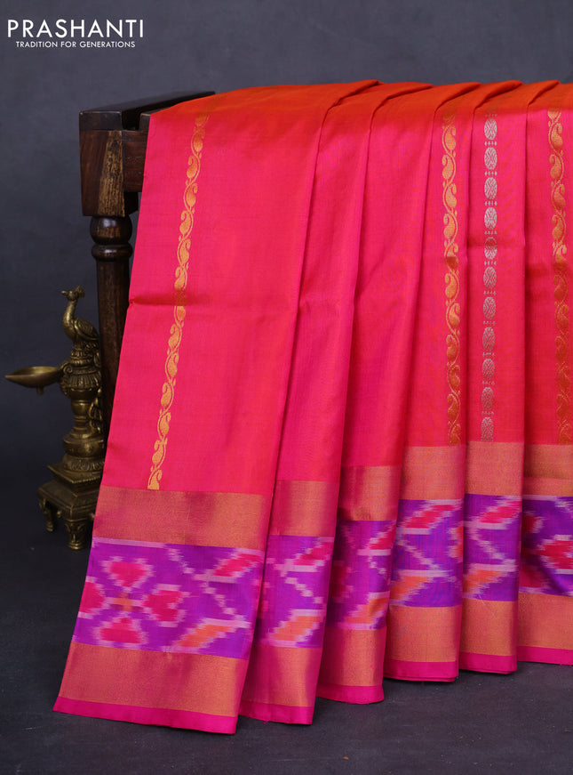 Pure uppada silk saree dual shade of pink and pink with allover silver & gold zari weaves and zari woven ikat style border