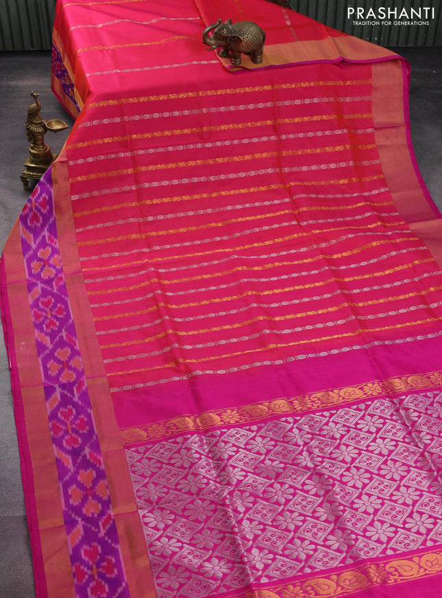 Pure uppada silk saree dual shade of pink and pink with allover silver & gold zari weaves and zari woven ikat style border