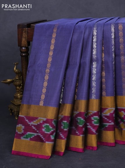 Pure uppada silk saree dark grey and magenta pink with allover silver & gold zari weaves and zari woven ikat style border