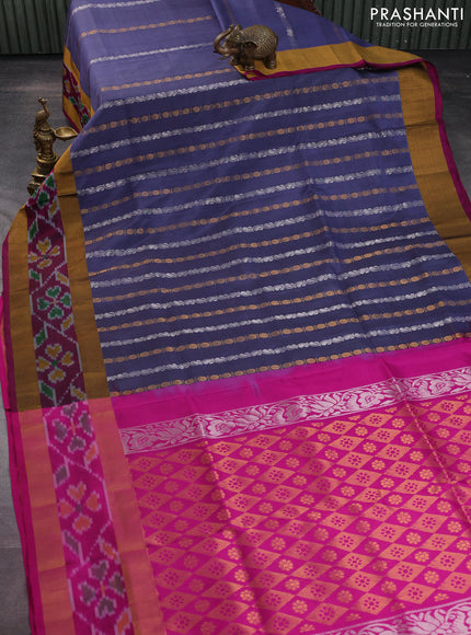 Pure uppada silk saree dark grey and magenta pink with allover silver & gold zari weaves and zari woven ikat style border