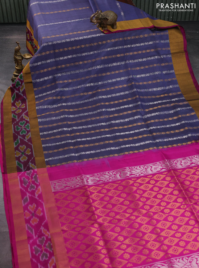 Pure uppada silk saree dark grey and magenta pink with allover silver & gold zari weaves and zari woven ikat style border