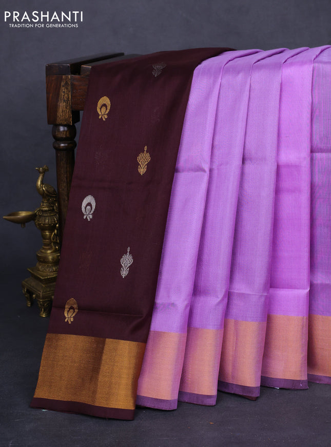 Pure uppada partly silk saree lavender and coffee brown with plain body and zari woven border