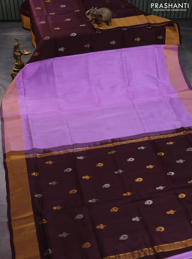 Pure uppada partly silk saree lavender and coffee brown with plain body and zari woven border