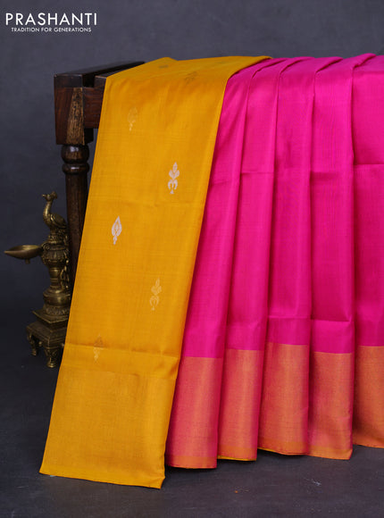 Pure uppada partly silk saree pink and mustard yellow with plain body and zari woven border