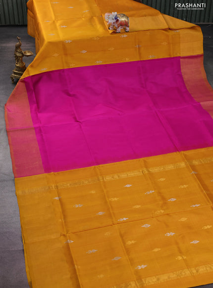 Pure uppada partly silk saree pink and mustard yellow with plain body and zari woven border