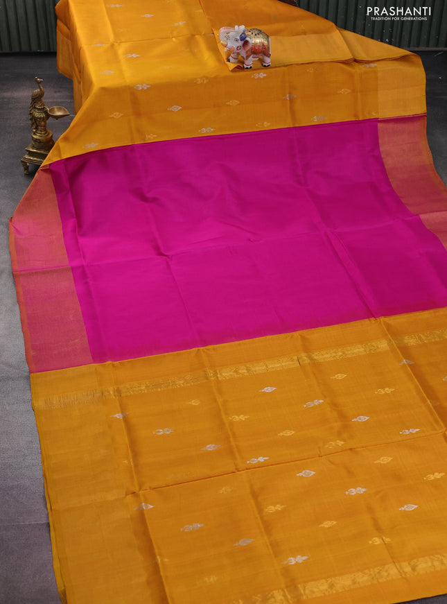 Pure uppada partly silk saree pink and mustard yellow with plain body and zari woven border