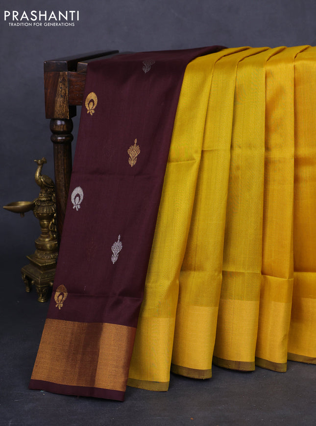 Pure uppada partly silk saree mustard yellow and coffee brown with plain body and zari woven border
