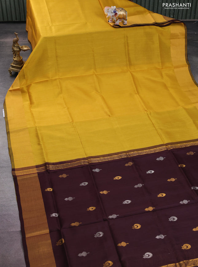 Pure uppada partly silk saree mustard yellow and coffee brown with plain body and zari woven border