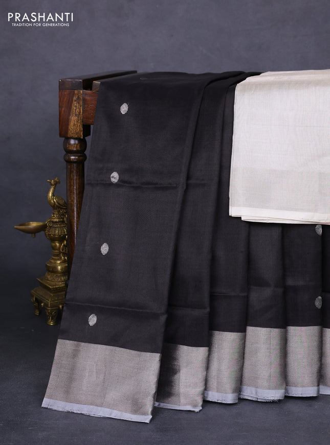 Pure uppada silk saree black and grey with silver zari woven coin buttas and silver zari woven border