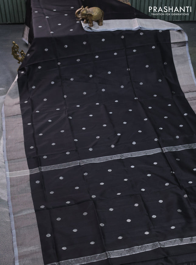 Pure uppada silk saree black and grey with silver zari woven coin buttas and silver zari woven border